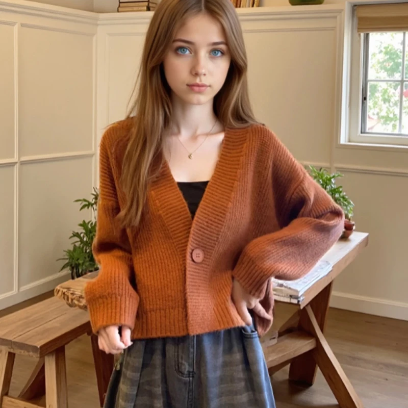 الخريف/الشتاء الكورية نمط قصير محبوك السترات أنيقة فضفاضة عادية الصلبة معاطف موضة الخامس الرقبة زر سترة سترة قصيرة