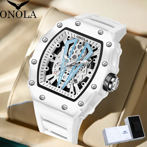 Imagen 1 del producto Caja de regalo relojes para hombre ONOLA 3826W tendencia reloj blanco para hombre calendario Tonneau correa de silicona resistente al agua relojes Masculino