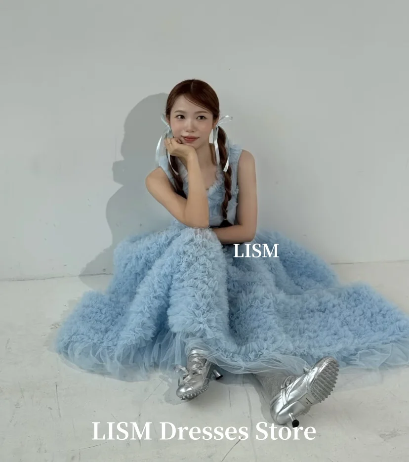 LISM azul A-Line vestidos de noche simples escalonados tul suave dulce vestidos largos de fiesta corsés personalizados espalda nneinize