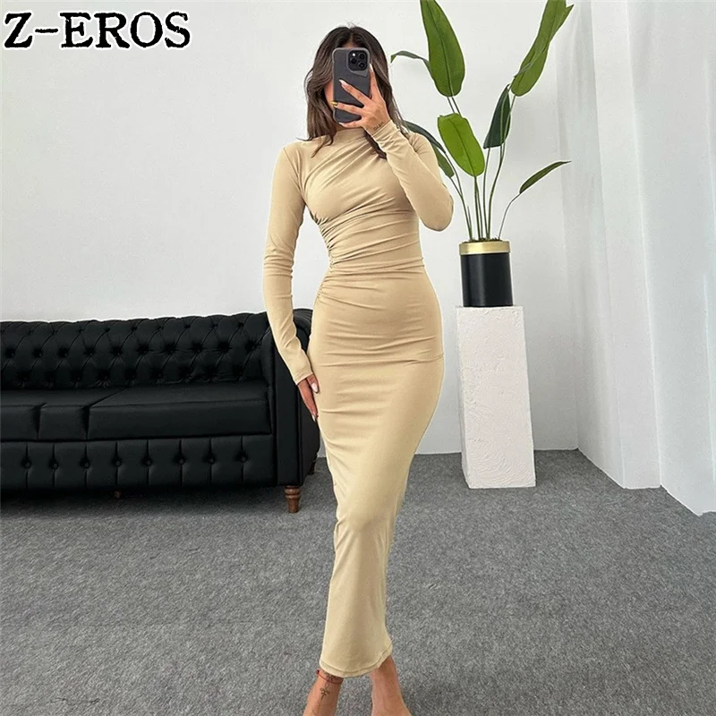 Z-EROS Autumn/Winter Fashion Round Neck Long Sleeve Slim Fit Wrap Hip Solid Color Temperament Dress with Drawn pleats Long Dress