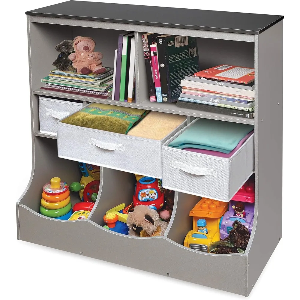 Kids Toy Storage Organizer with 3 Removable Baskets and Open Shelves - Woodgrain Gray Unit for Bedroom Playroom