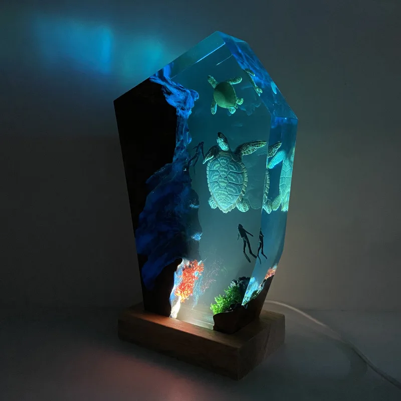 Submarino aventura organismo resina luz de mesa arte criativa decoração lâmpada mar tartaruga mergulhador tema luz da noite carga usb