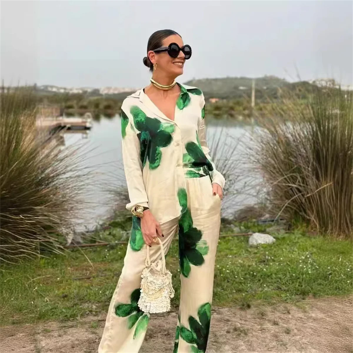 2024 Female Print Pants Sets Green Blue Floral Stain Long Sleeve Shirt+Elastic Waist Lace-Up Pants Woman Summer Sets Beach Style