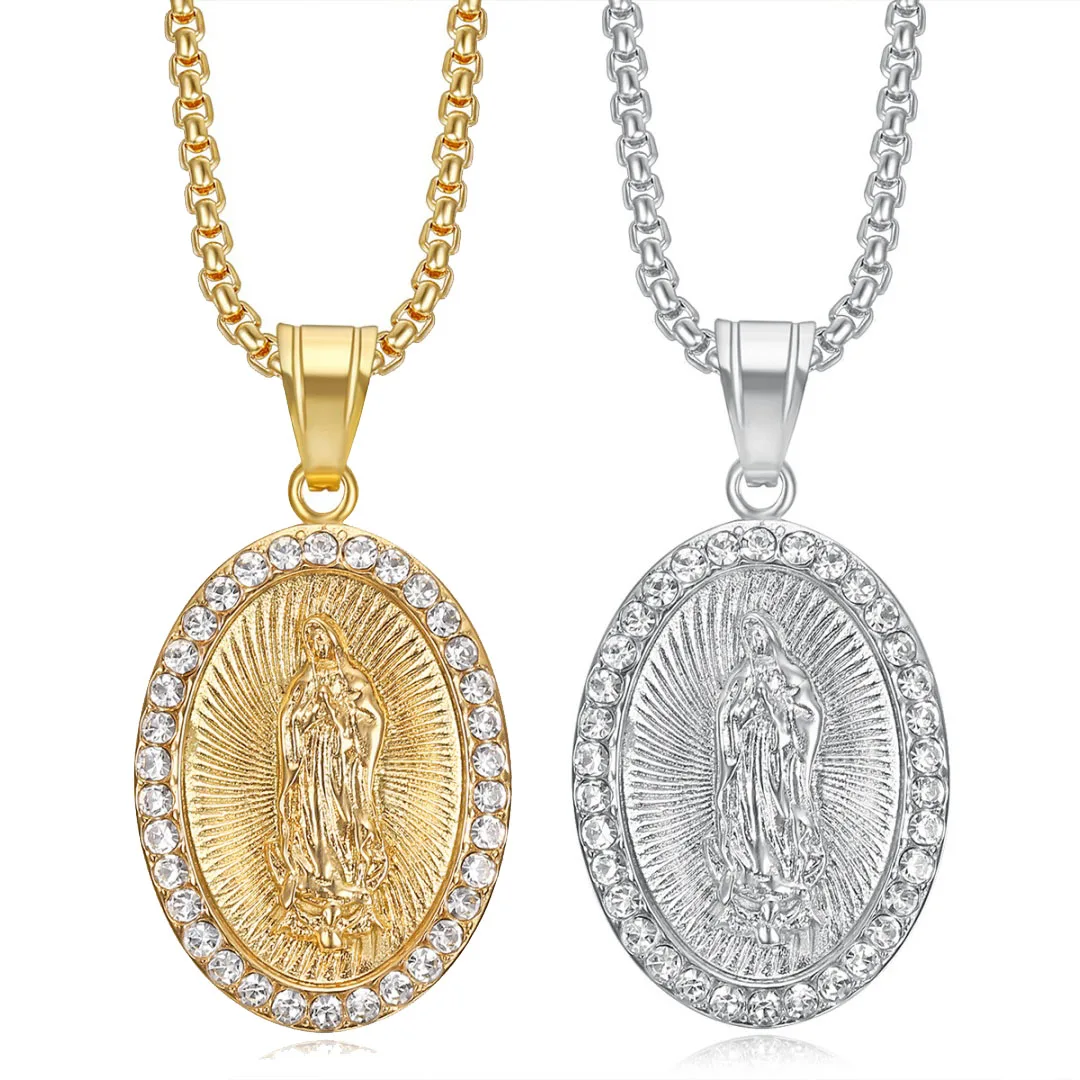 

Religious Iced Out Virgin Mary Pendant Gold Silver Color Stainless Steel Christian Our Lady Madonna Necklace for Women Jewelry