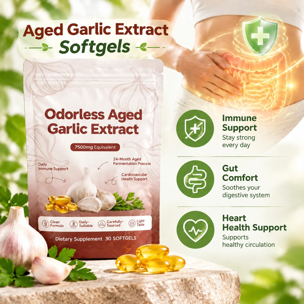 Aged Garlic Extract Softgels,Gut Comfort & Daily Immune Wellness with Odorless Garlic Extract 7500mg Equivalent,30 Softgels