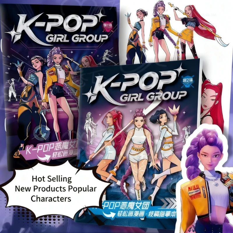 Kolorowanka Kpop Demon Hunters z postaciami anime Rumi, Mira, Zoey, urocze rysunki linii, szkicowanie, kopiowanie, książka do rysowania dla dzieci, prezenty.