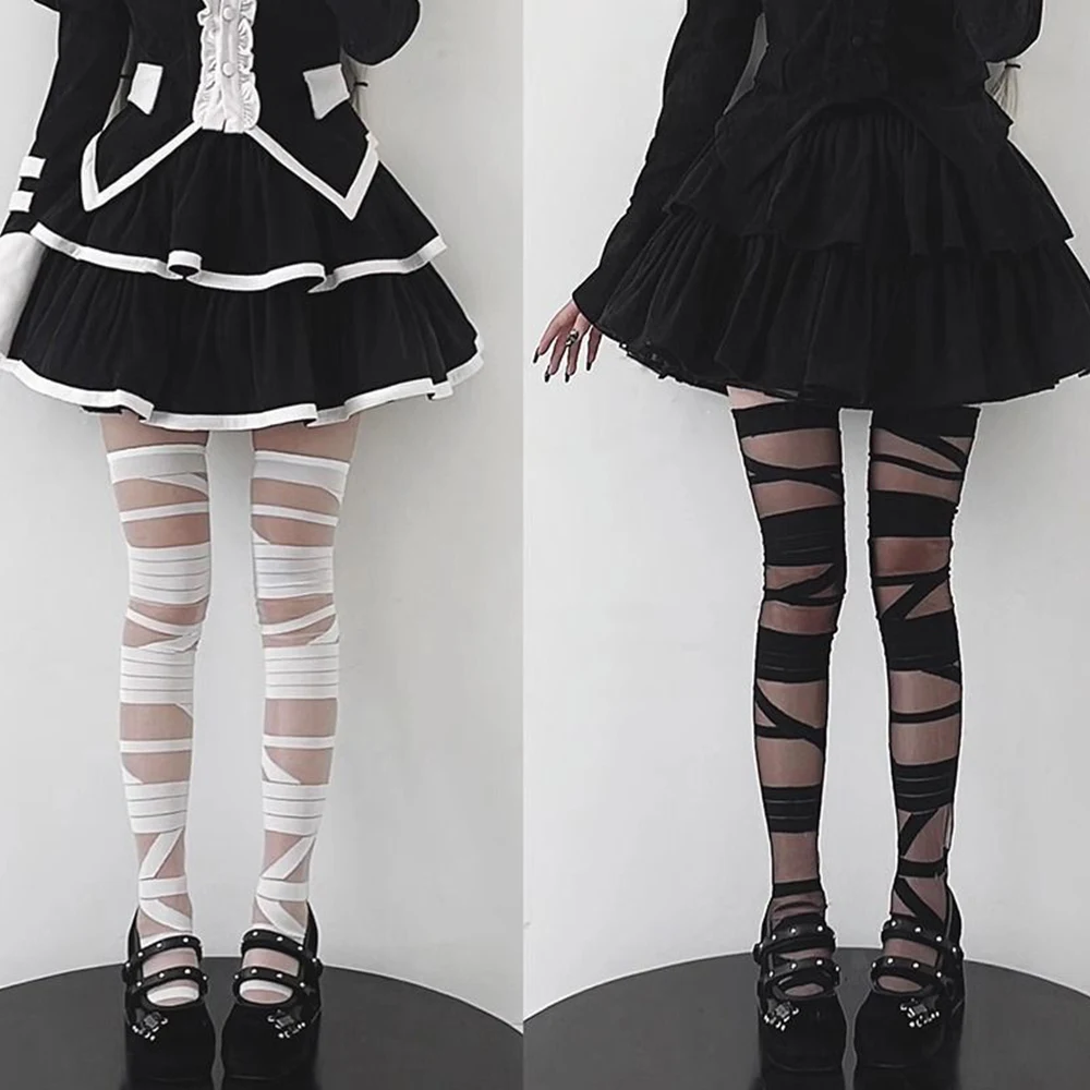 Medias de terciopelo suave con diseño de vendaje gótico Lolita para mujer, medias inferiores con correa cruzada Sexy, Punk, Emo, JK, Cosplay, medias