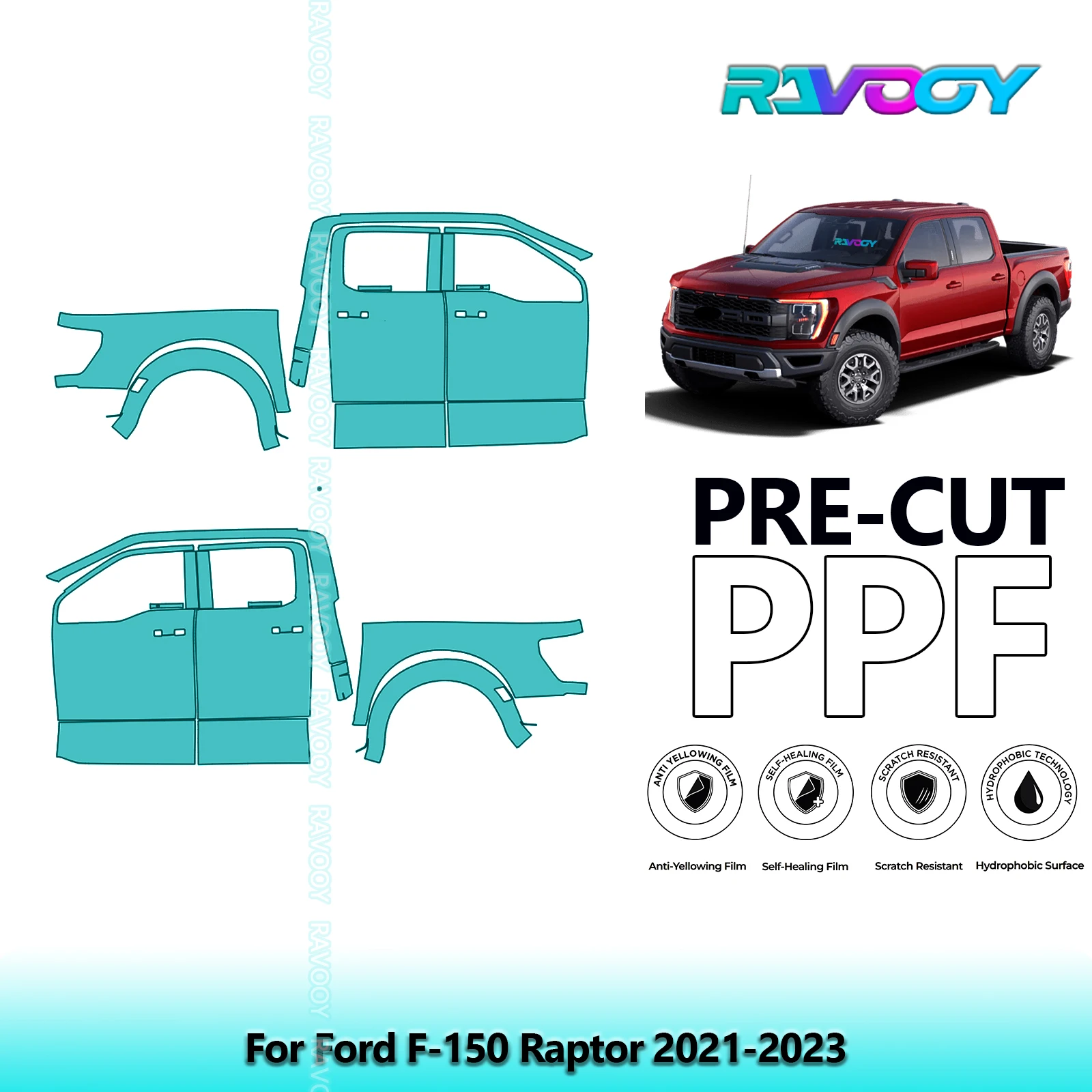 

For Ford F-150 Raptor 2021-2023 8.5mil Clear Matte Pre-Cut PPF Door & A/B Pillar Kit TPU Paint Protection Film Set