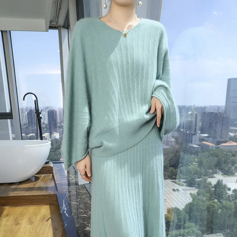 Autumn and winter new women's 100% mink cashmere sweater crewneck jumper fashion striped knit CHIC long dress set