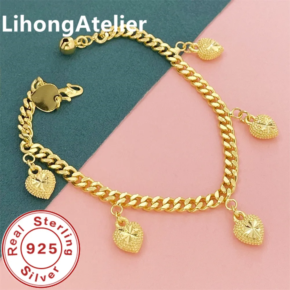 

925 Sterling Silver Heart Pendant Bracelet with Gold Plated Design, Women's Wedding Jewelry Gift
