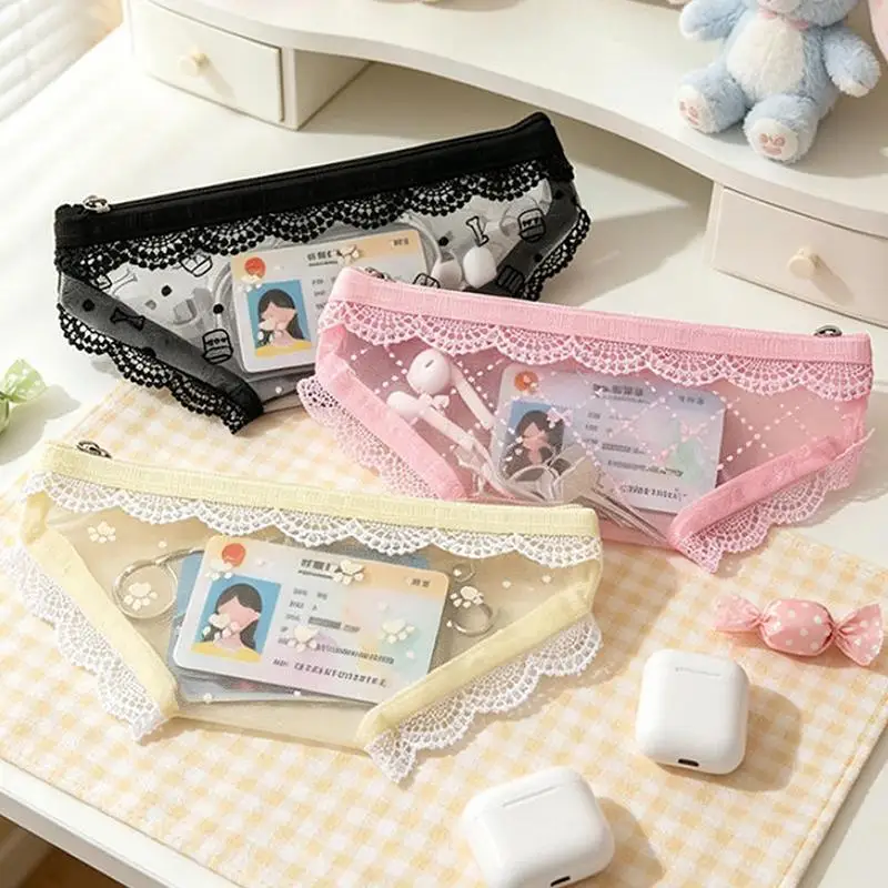 Niedliche Kosmetiktasche in Unterwäscheform, Spitzen-Netzstoff, transparenter Make-up-Aufbewahrungsbeutel, Stiftetui für den Alltag/Reisen – Detail 2