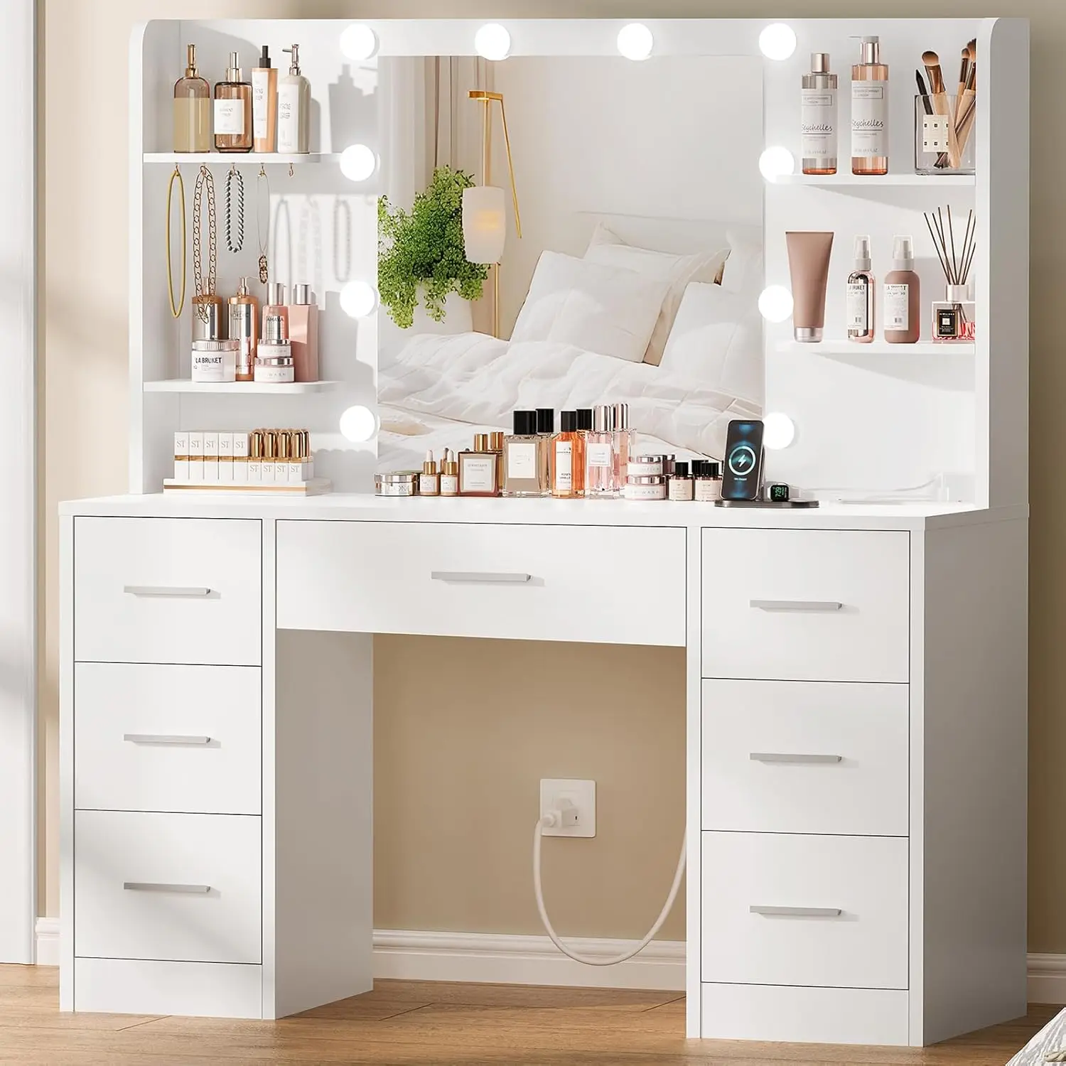 Large Vanity Desk LED Lighted Mirror Power Outlet 7 Drawers 4 Shelves 5 Hooks Bedroom Bathroom Furniture, Customized