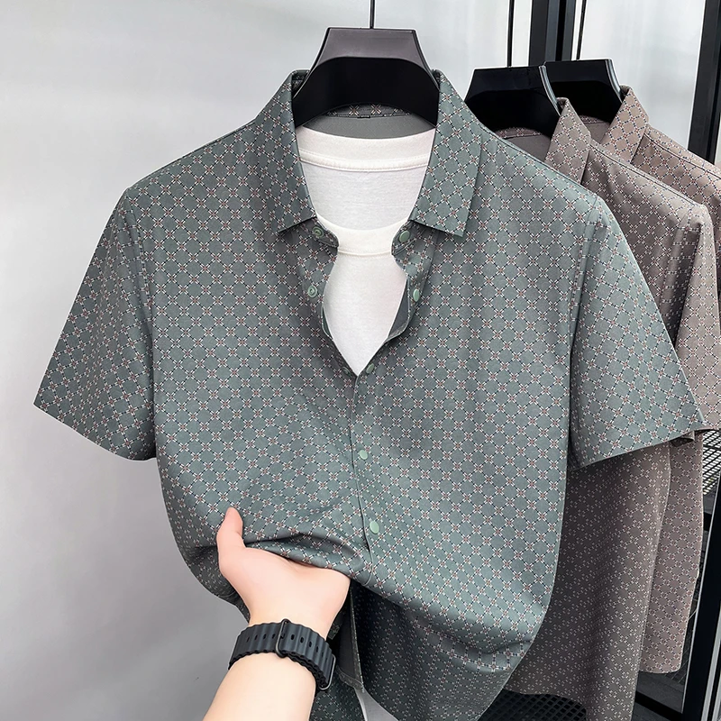 Personality printed short sleeve men's shirt ice silk breathable summer luxury high-end fashion new summer casual comfort top