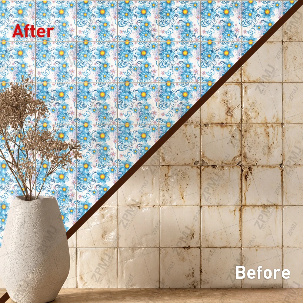 Cobalt Daisy Tile Stickers Waterproof Peel and Stick Self Adhesive Oil Proof Backsplash Decals Floral Wallpaper for Indigo Suite