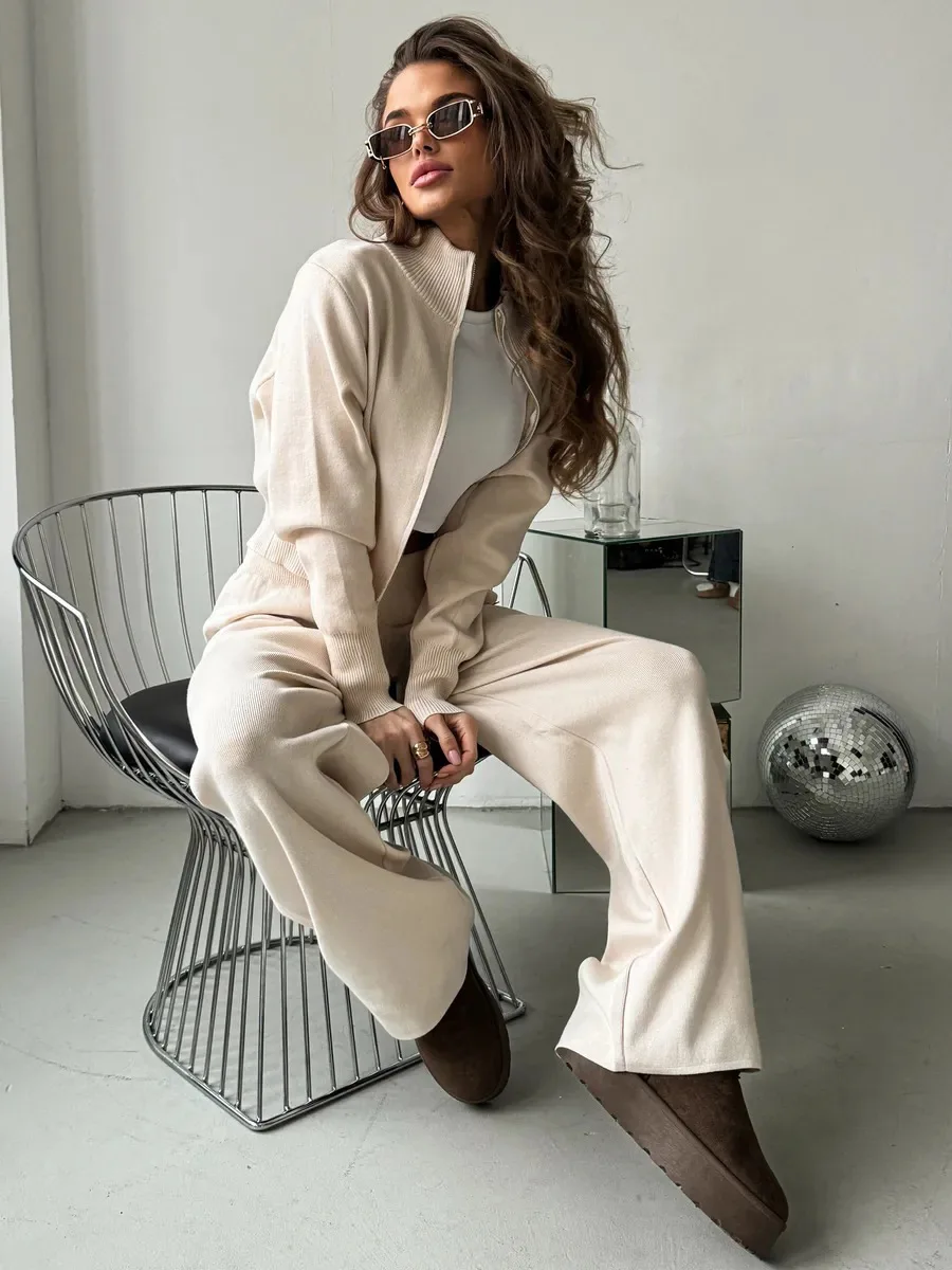 Осенне-зимний женский вязаный брючный костюм, модный милый однотонный толстый теплый кардиган, свитер, повседневные вязаные широкие брюки, 2 шт.