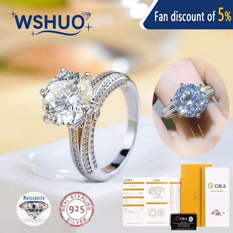 

WSHUO 5CT D Color VVS1 Moissanite Rings Sparkling S925 Silver Moissanita Lab Grown Diamond Gemstone Ring Fine Luxury Jewelry GRA