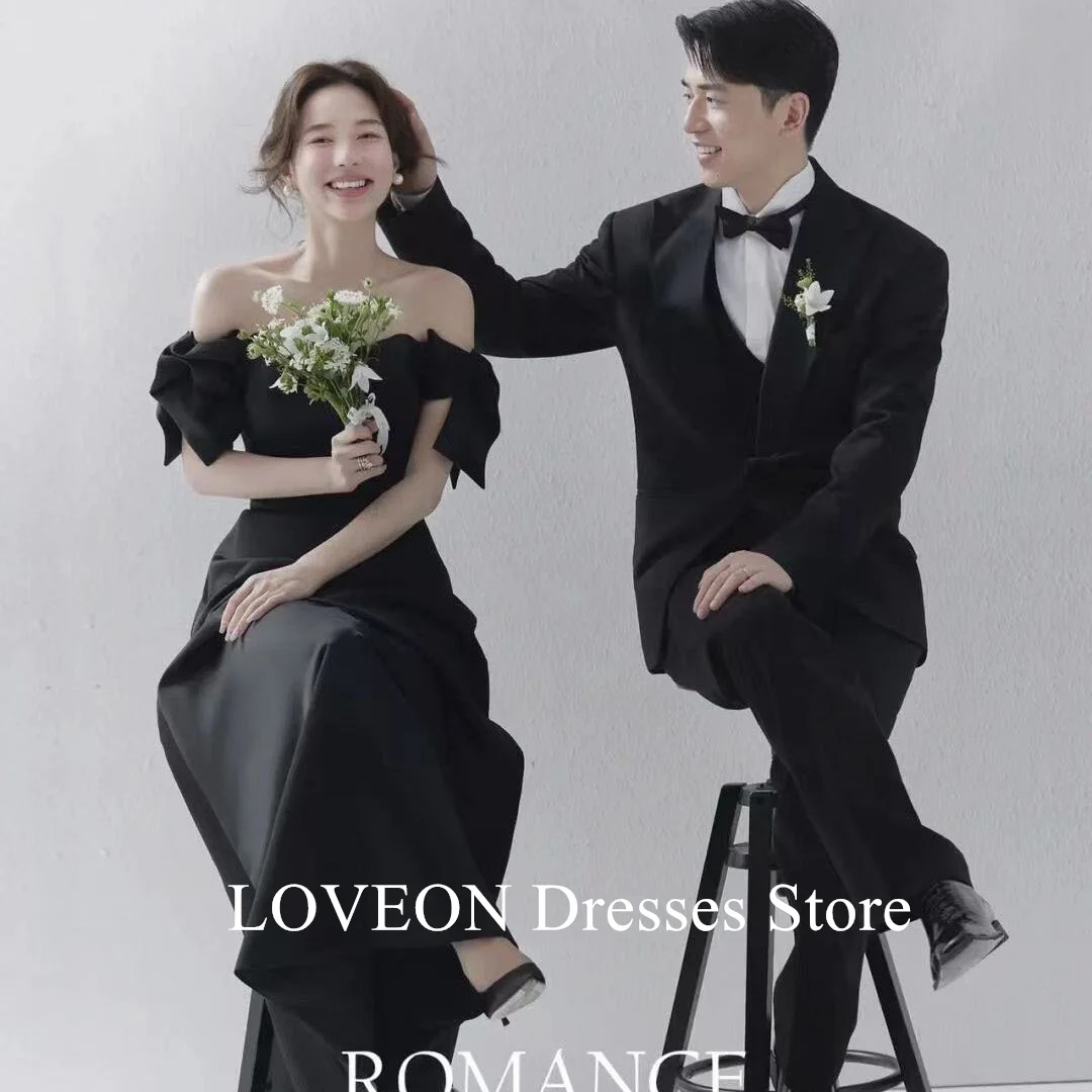 

GIOIO Off Shoulder Korea Black Satin Evening Dresses Formal 프롬드레스 New Designs Short Sleeves Prom Gowns Party Women Bride