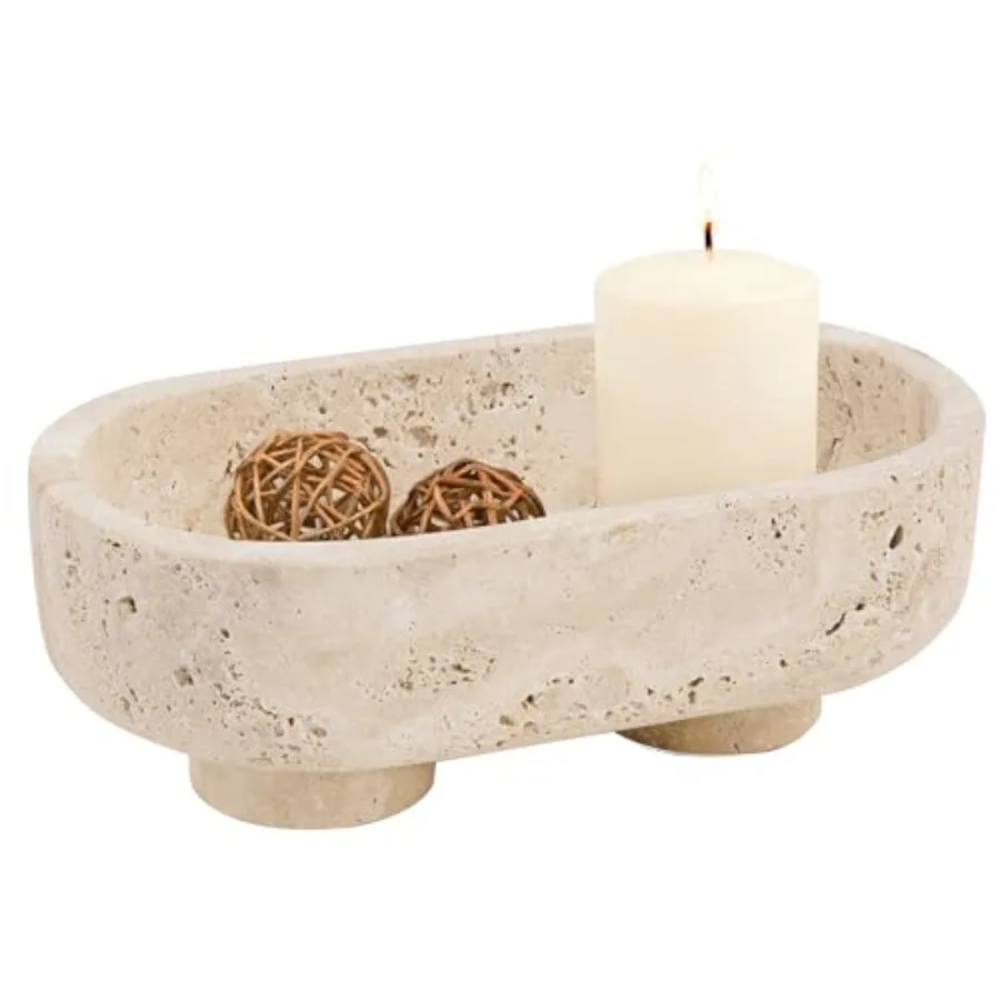 Kitchen countertop decorative bowl: oval marble with travertine stand, 10-inch handmade key bowl, candle holder, candy and frui