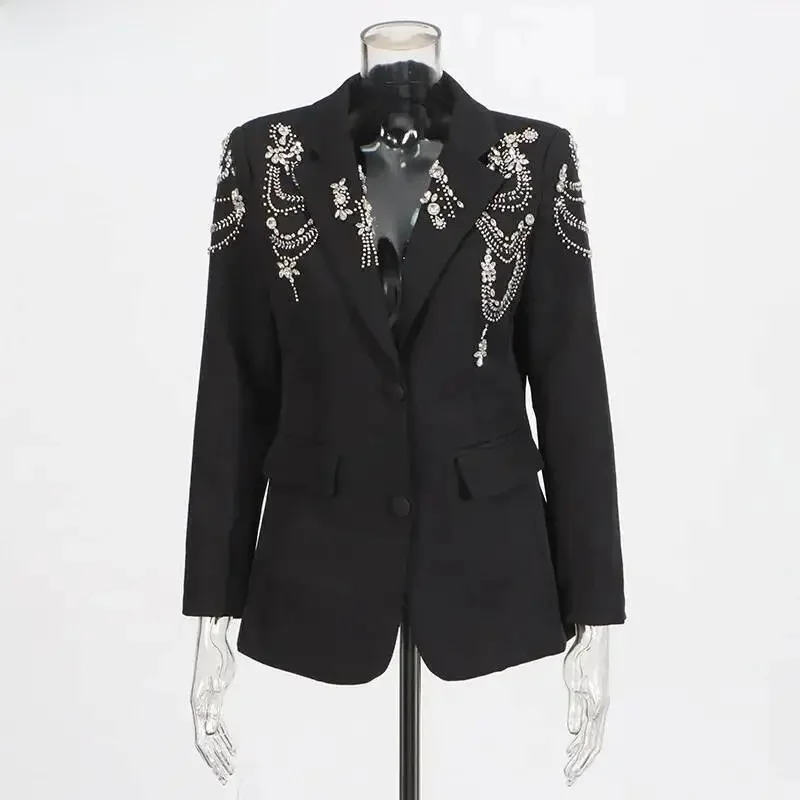 

Autumn New Women Stylish Blazer Heavy Craft Beaded Studded Diamonds Single Breasted Elegant Temperament Fashion Coat