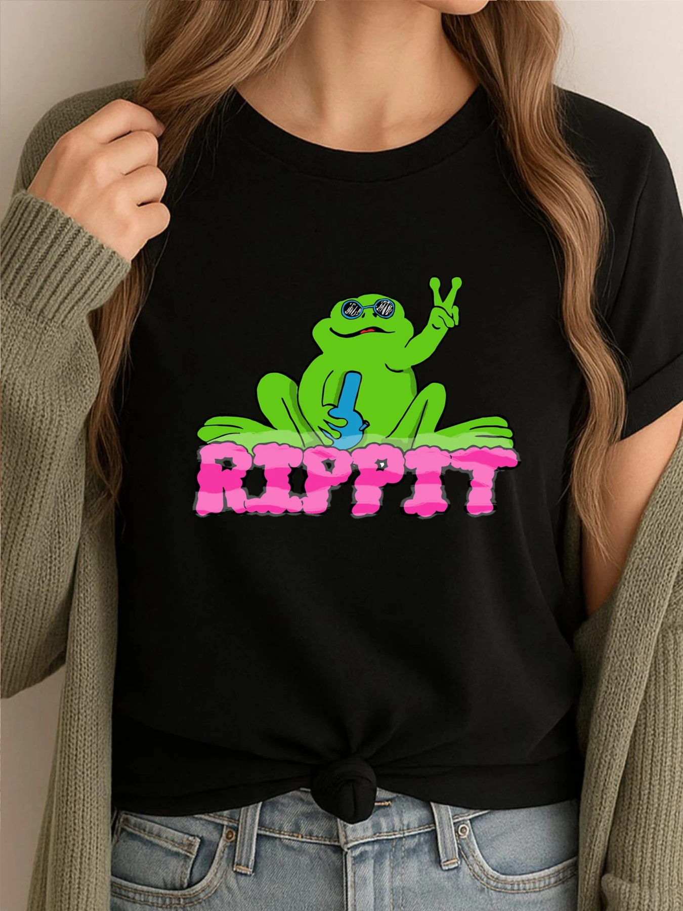 

Rippit The Stoner Frog Peace Sign Graphic Tees Natural Tops Funny Tshirt Men Soft Fashion Printed Clothes
