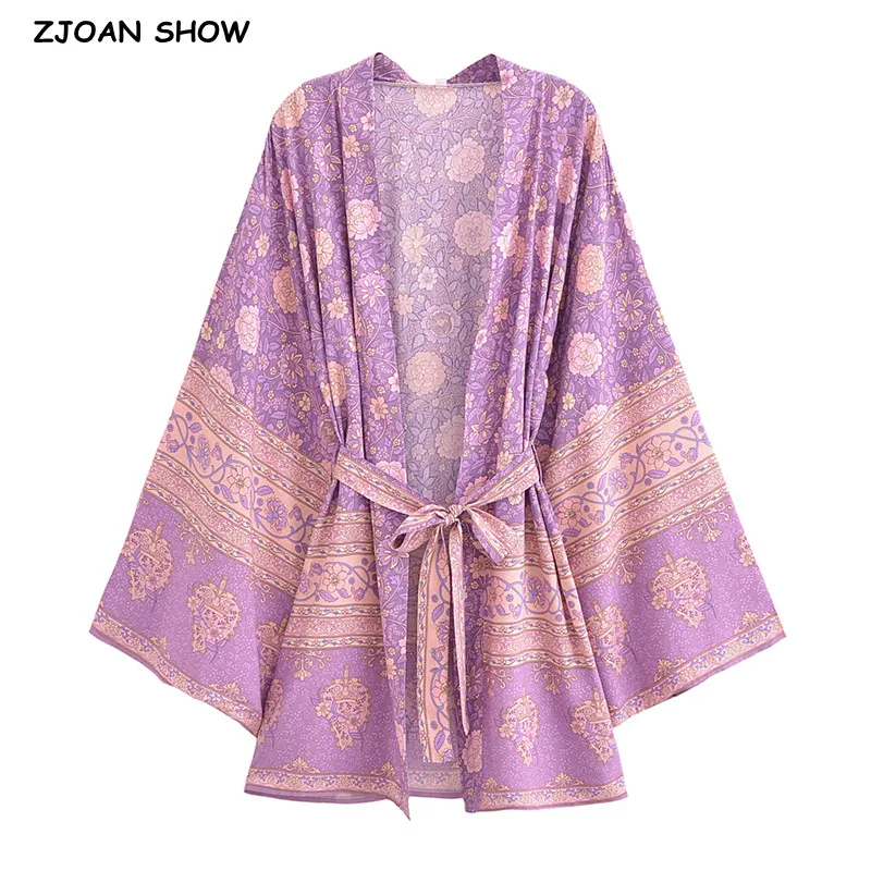 BOHO Women Purple Flower Print Kimono Shirt Holiday Tide Bow Sashes Mid Long Cardigan Loose Robe Beach Cape