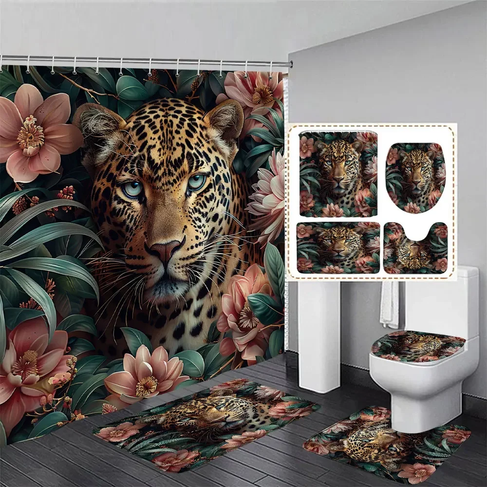 Juego de cortinas y alfombras de ducha de tigre, cortinas de ducha de hojas de palma tropicales botánicas, felpudo para baño, decoración de baño