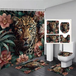 Tiger Shower Curtain and Rug Set Jungle Wildlife Botanical Tropical Palm Leaf Shower Curtains Bath Mat Toilet Mat Bathroom Decor