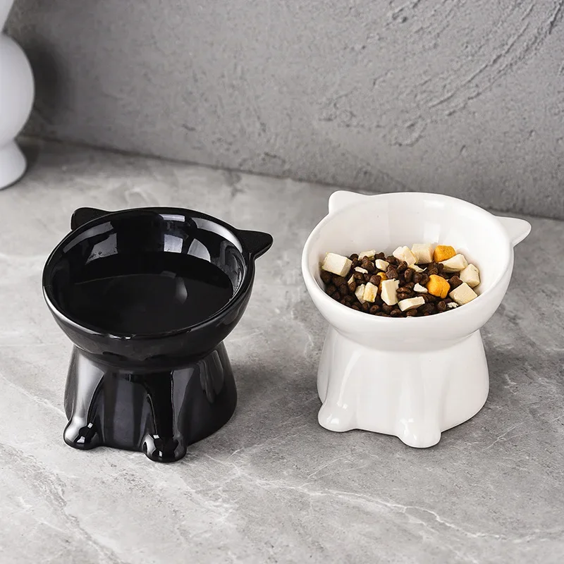 Ceramic Cats Feeders Black Pet Bowl Drinking Water Bowl High Foot Slant Mouth Anti Overturning Neck Protection