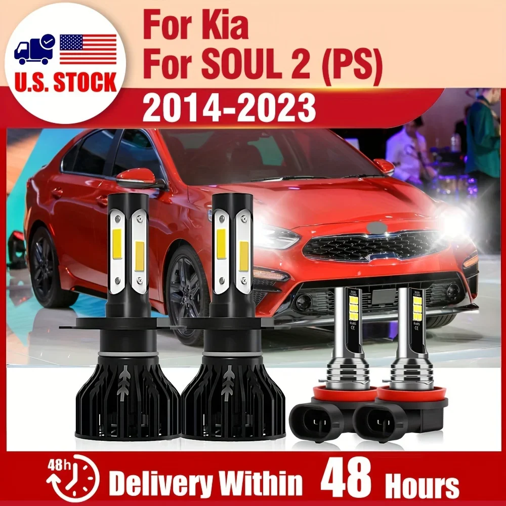 H4+H8/H11 Headlights For Kia SOUL 2 (PS) (2014-2023), Ultra Bright Lights, LED Bulbs, 6000K White Fog Lights, Plug And Play 2PCS