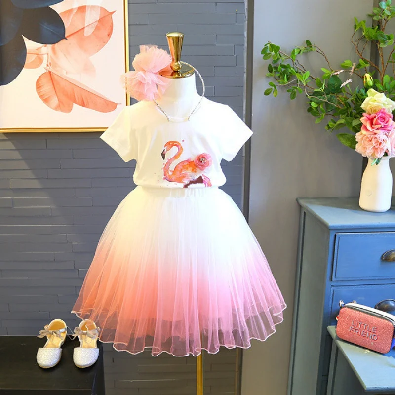 

Summer Girls' Flamingo Short SleeveTT-shirt＋All-Match Gradient Color Girl's Gauze Skirt Two-Piece SetWS