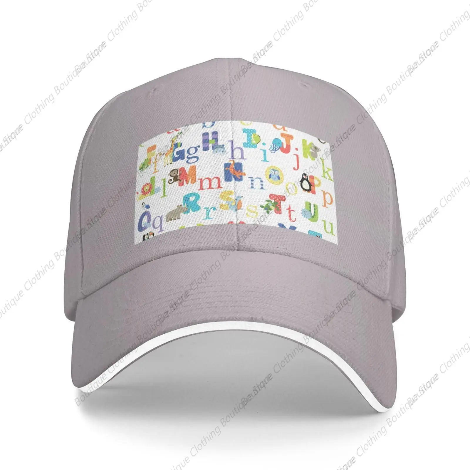 Colourful Animal Alphabet print Sandwich Baseball Cap, Classic Baseball Cap, Adjustable Fashion Outdoor Cap Gray