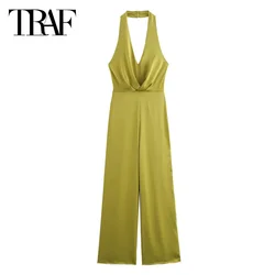 TRAF Elegant Women's Jumpsuit 2024 Summer Autumn Backless Pleated Halter Jumpsuits Ladies Fashion Office Olivegreen Jumpsuit