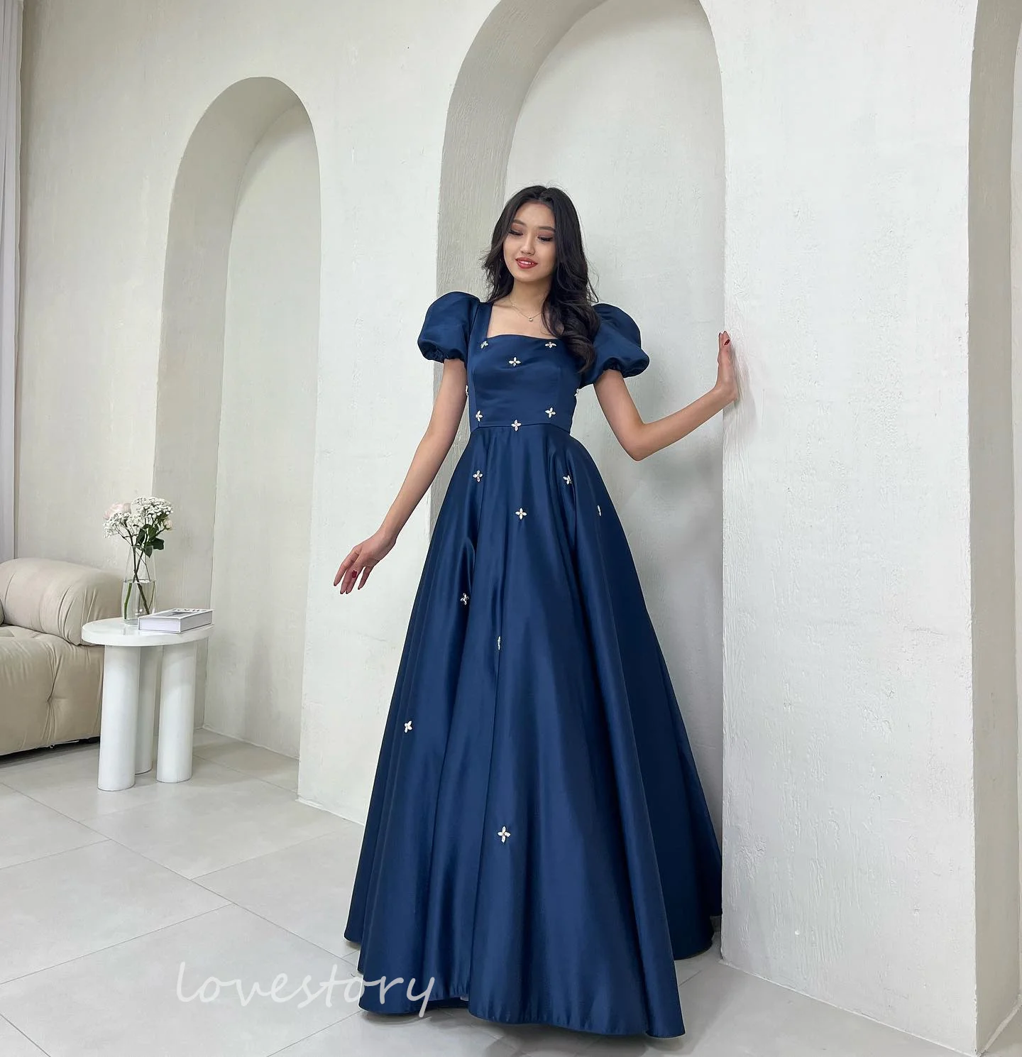 

Lovestory Navy Blue Prom Dress Beaded vestidos de noche Formal Evening Dress Floor Length A Line Party Dresses Formal Occasions