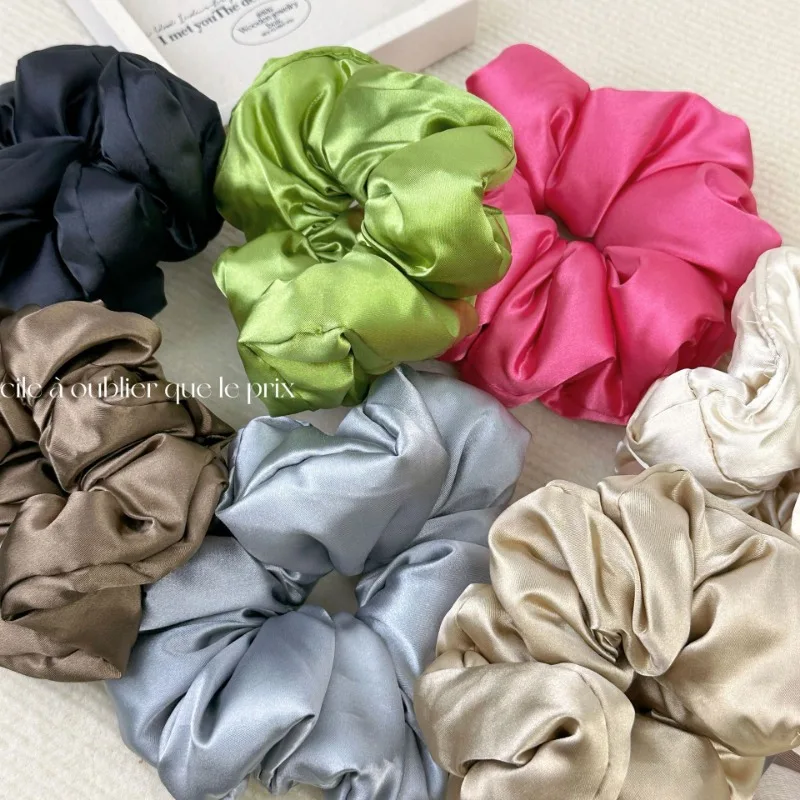 French Lazy Style Satin Pleated Scrunchie Headwear for Women 2024 Summer Korean Colored Ruffled Large Hair Band Hair Accessories