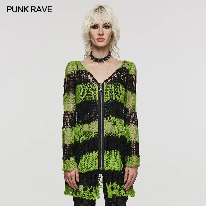 PUNK RAVE Maglione cardigan a righe con fori di personalità irregolari stile punk da donna Moda casual tessuto morbido Woo