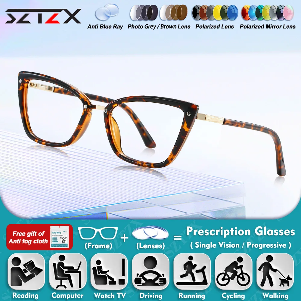 

SZTZX Fashionable Women Cat Eye Design Anti Blue Ray Prescription Glasses Myopia Photochromic Progressive Work Reading Eyeware