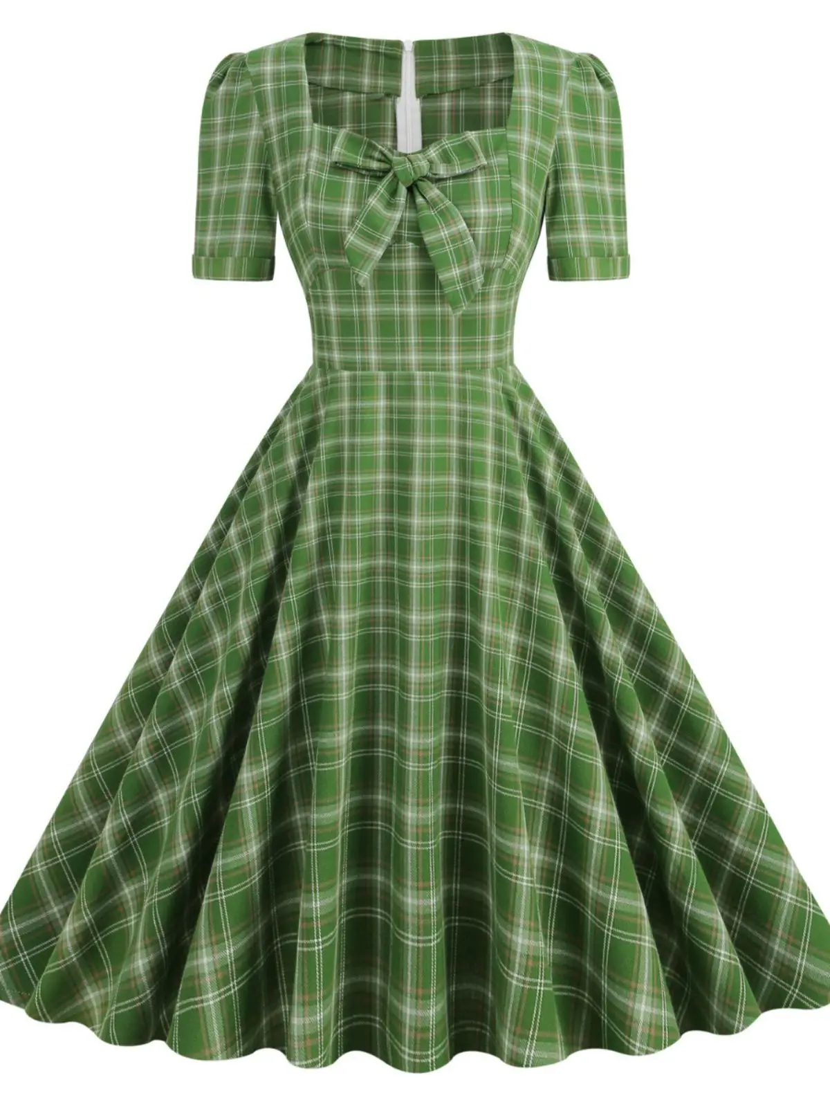 

French retro era morning robe with waist and square collar plaid bow showing thin and big swing short-sleeved dress trend