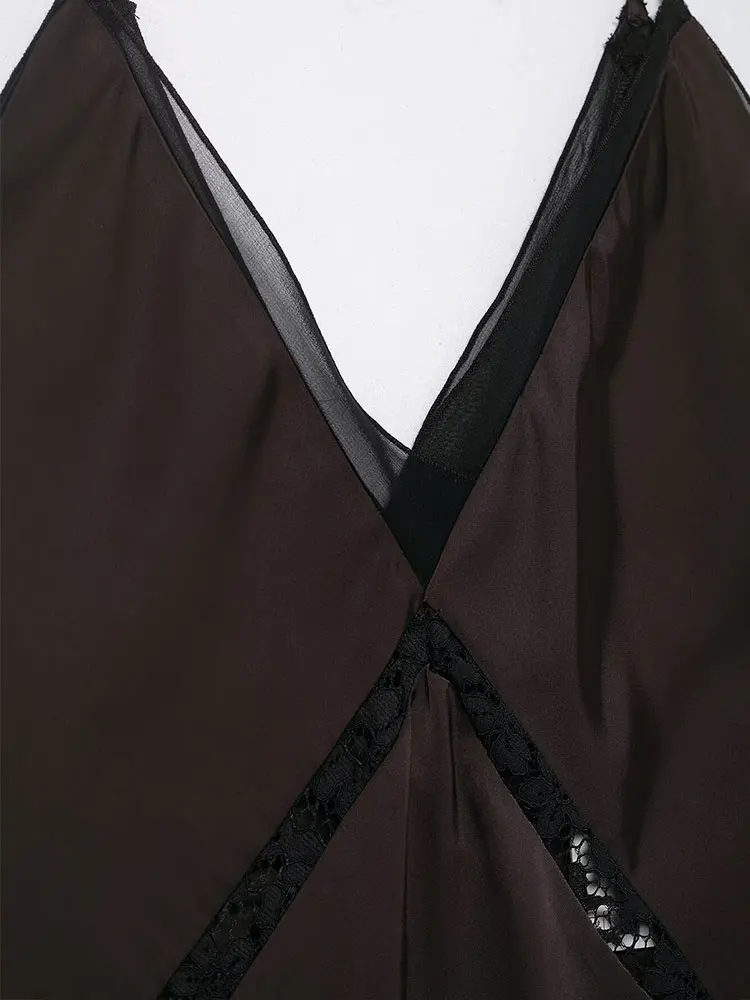 فستان NLZGMSJ نسائي مثير أنيق من الدانتيل البني غير متماثل برقبة على شكل V فستان حفلات بدون ظهر موضة خريف 2025 فستان سهرة #5