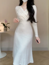 Autumn Winter French Sweater Dress Women Sexy V-neck Knitted Pearl Chain Casual Dresses Ladies Sweet Knitted Long Dress