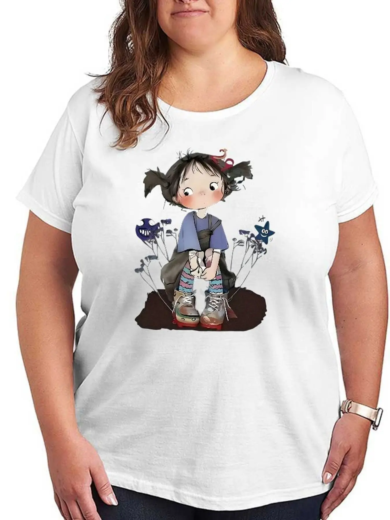 Cute Cartoon Girl Graphic T Shirt Women Fashion Casual Stretchy Tee Plus Size Short Sleeve Summer Aesthetic Soft Loose Tops Clothes