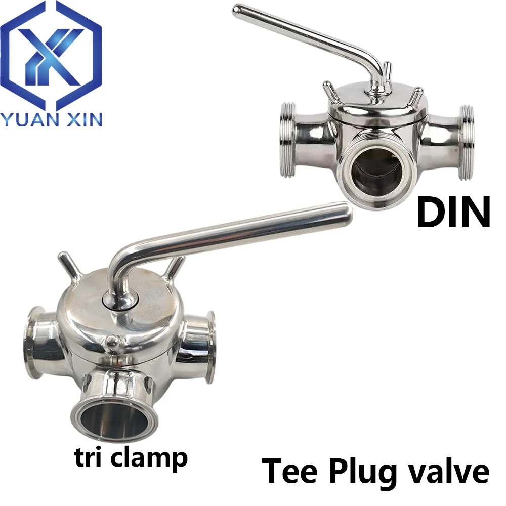 

tri-clamp and DIN male-threaded three-way plug valve 304 stainless steel tee plug valve