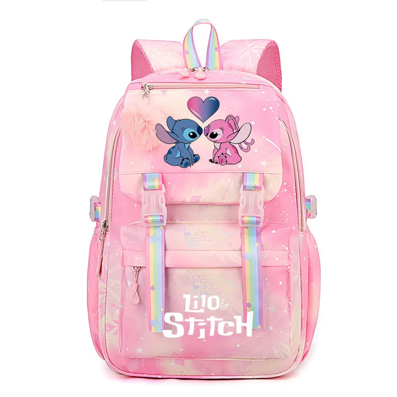 ใหม่ Lilo and Stitch mochila ความจุสูงกันน้ำกระเป๋าเป้สะพายหลังวิทยาลัยของผู้หญิงทันสมัยท่องเที่ยวของเด็กผู้หญิงแล็ปท็อปกระเป๋านักเรียนลายน่ารักกระเป๋าหนังสือ