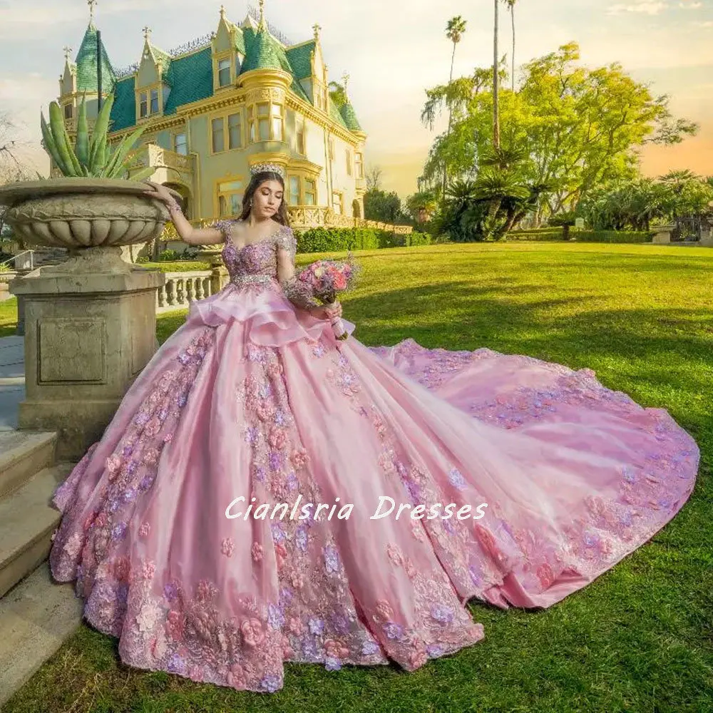 Roze Uit De Schouder Ruches Quinceanera Jurken Baljurk Kleurrijke 3D Bloemen Applicaties Lace Corset Vestidos Para Xv Años