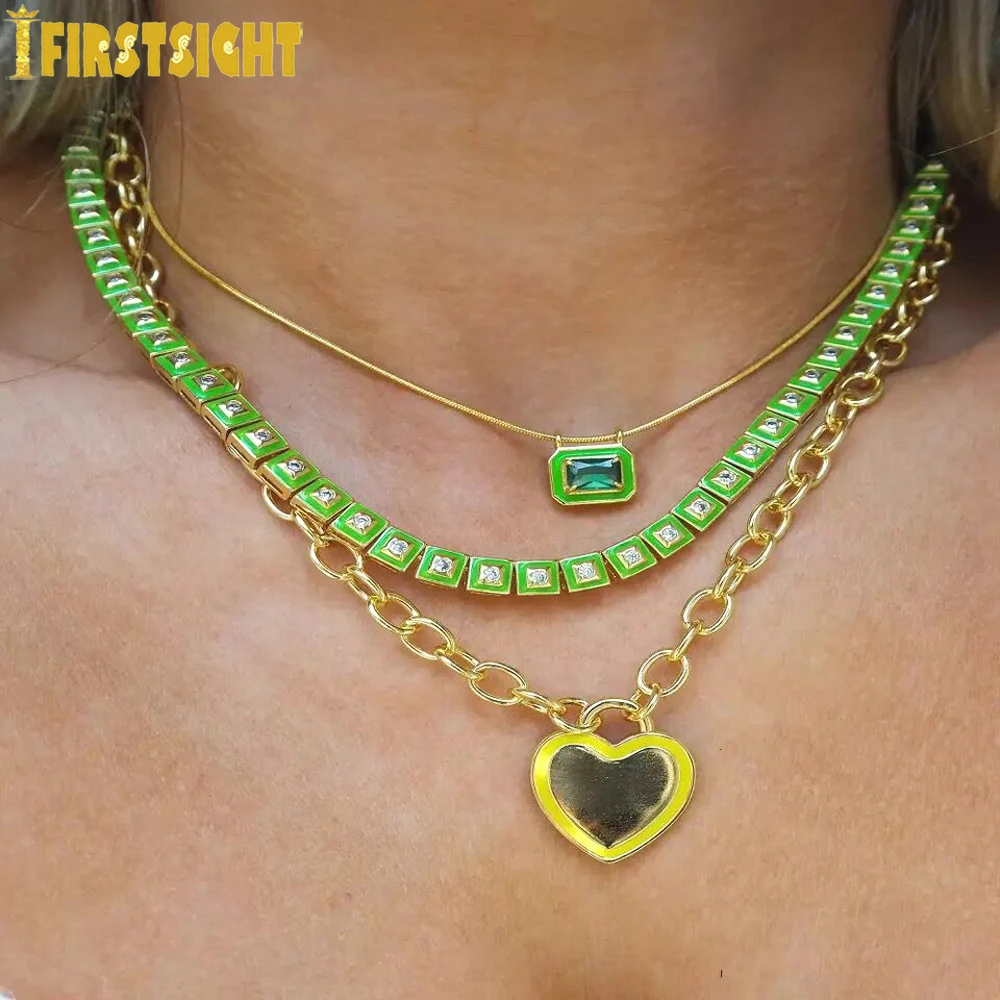 2024 New Clustered Enamel Tennis Chain Necklace Gold Color 6mm Square Charm Choker Fashion Rock Women Hip Hop Jewelry