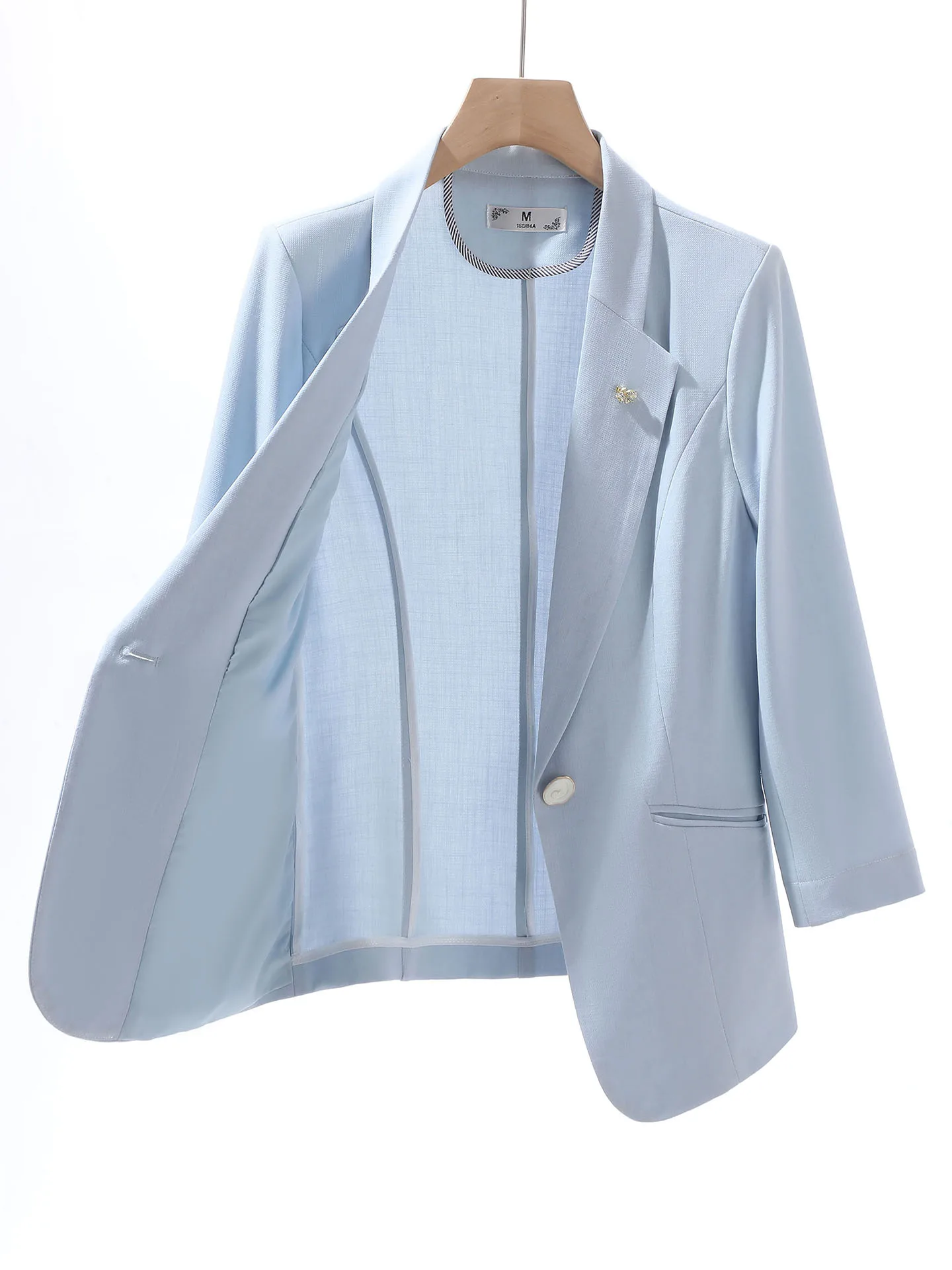 Black Casual Seven-Quarter Sleeve Suit Jacket for Women Commute Style Polyester Fiber Regular Thickness One Button Closure