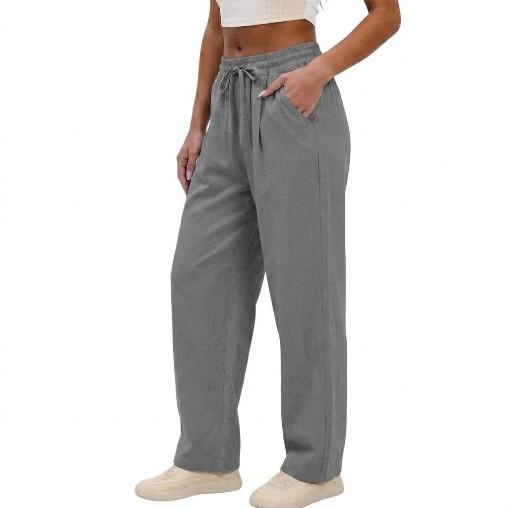 Neue Damen-Baumwollhose mit weitem Bein, lässige, lockere, hochtaillierte lange Hose, weiche Jogginghose, Baggy-Sweatpants mit Kordelzug für Sport. – Detail 8
