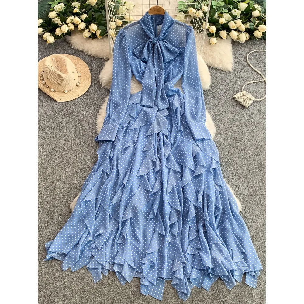 Schickes Vintage-Polka-Dot-gerüschtes Schmetterlings-dünnes elegantes Feen-koreanisches Mode-Boho-Sommerkleid für Damen, langes Kleid