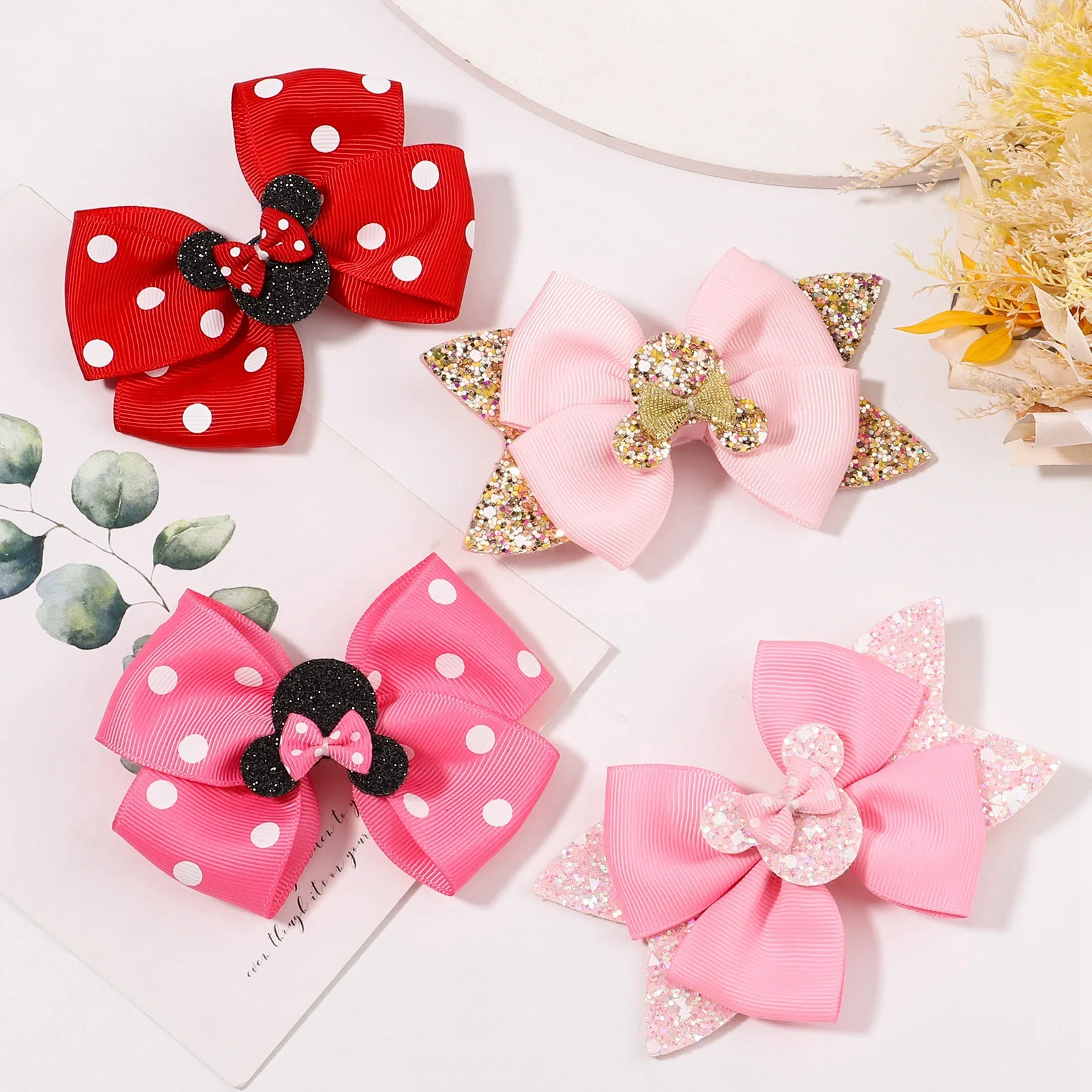 Disney Mickey Minnie Mouse Bow Tie Hairpin Figure Anime Kawaii Sequin Bow Children Headwear Cartoon Girls Woman Pin Kids GiftS