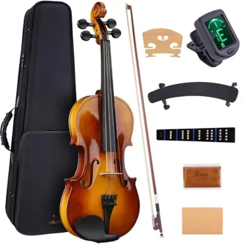 4/4 Burgundy Acoustic Violin Starter Set for Beginners with Hard Case Solidwood Handmade Kit Bow Rosin Shoulder Rest Tuner Stri