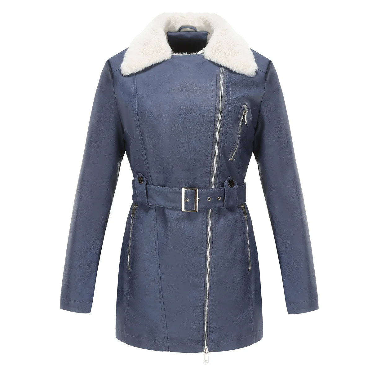 Polo en cuir à manches longues pour femmes avec ceinture, manteau chaud en peluche, fermeture à glissière à double tête, automne, hiver, nouveau, 23